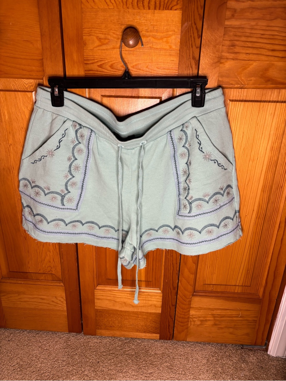 Anthropologie Mint Embroidered Drawstring Shorts